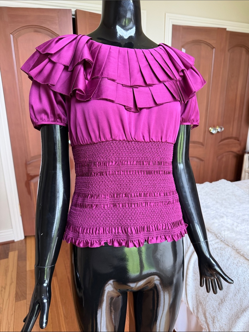 Catherine Malandrino Fuchsia Ruffled Smocked Top